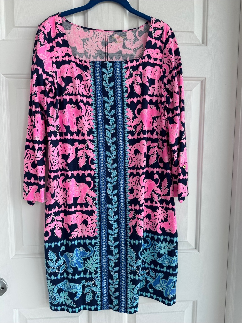 Lilly Pulitzer Pink Floral on Navy Shift Dress with Elephants and Alligators
